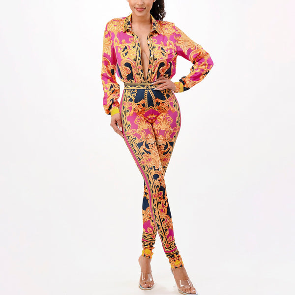Retro Vintage Casual Outfit Baroque Print Summer two piece